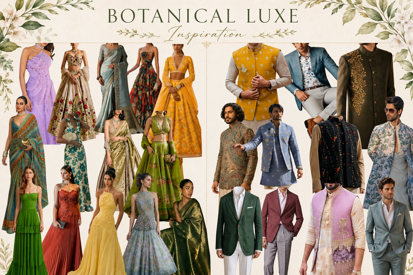 Botanical Luxe Inspiration mood board showing example women's and men's outfits in earthy greens, dusty blues and pinks, and soft neutrals