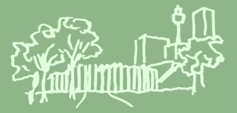 Hand-drawn illustration of a park with trees, a fence, and the Sydney skyline including the Harbour Bridge
